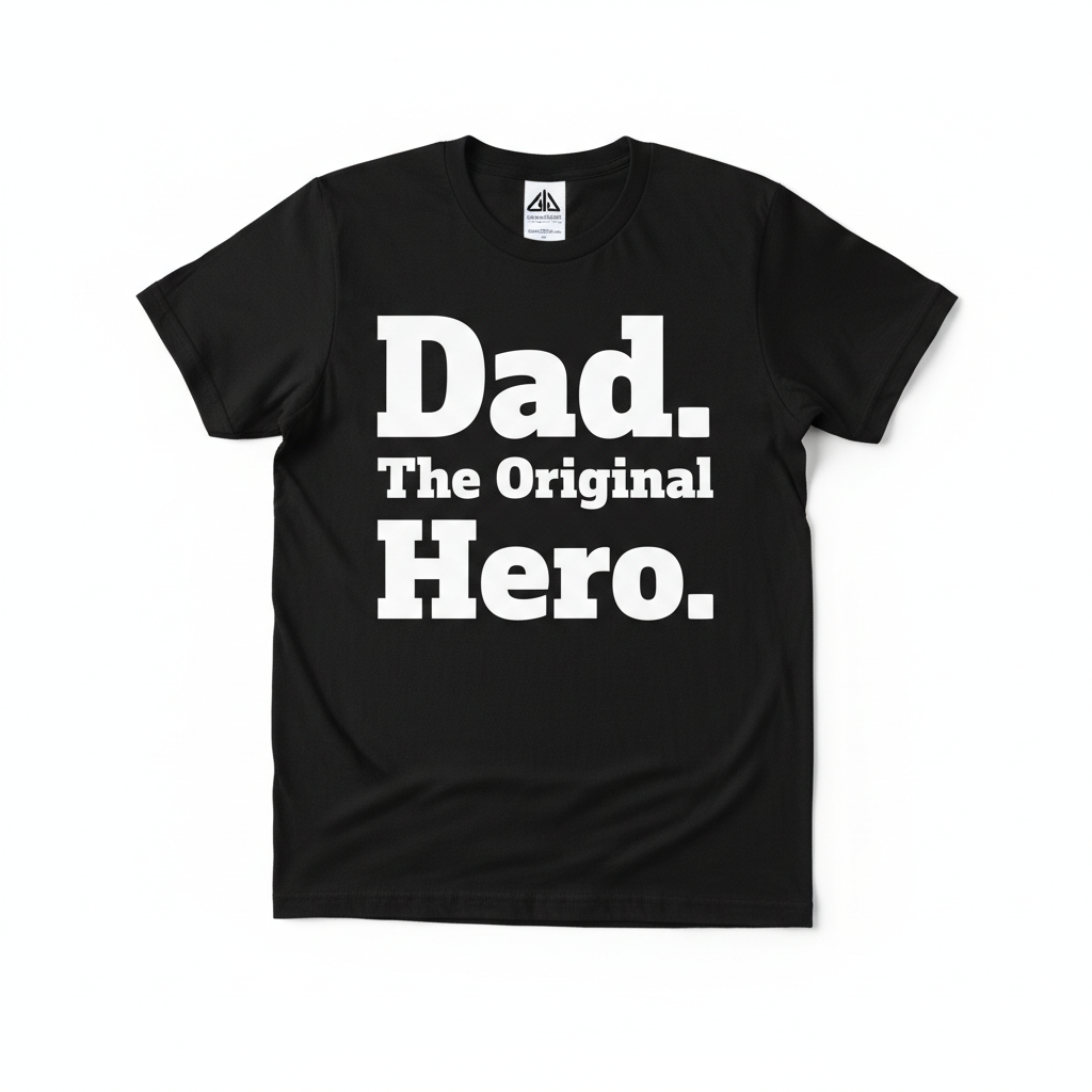 Black t-shirt with bold white vinyl text Dad. The Original Hero.