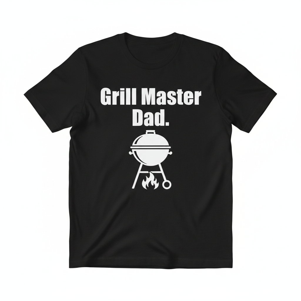 Black t-shirt with white vinyl text Grill Master Dad with flame icon