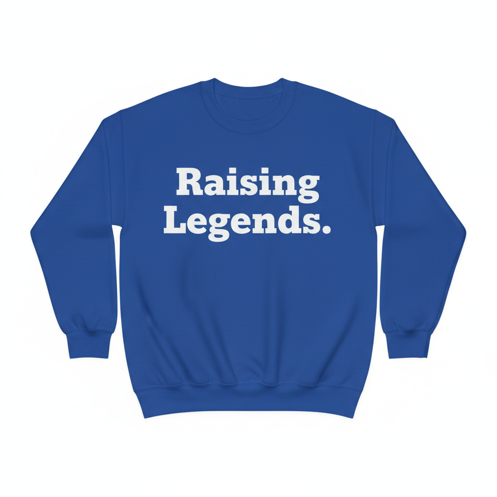 Royal blue crewneck with bold white vinyl text Raising Legends