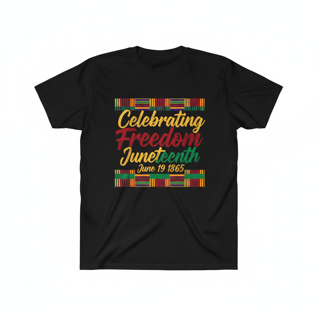 Black t-shirt with vibrant DTF print Celebrating Freedom with kente pattern accents
