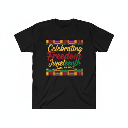Black t-shirt with vibrant DTF print Celebrating Freedom with kente pattern accents