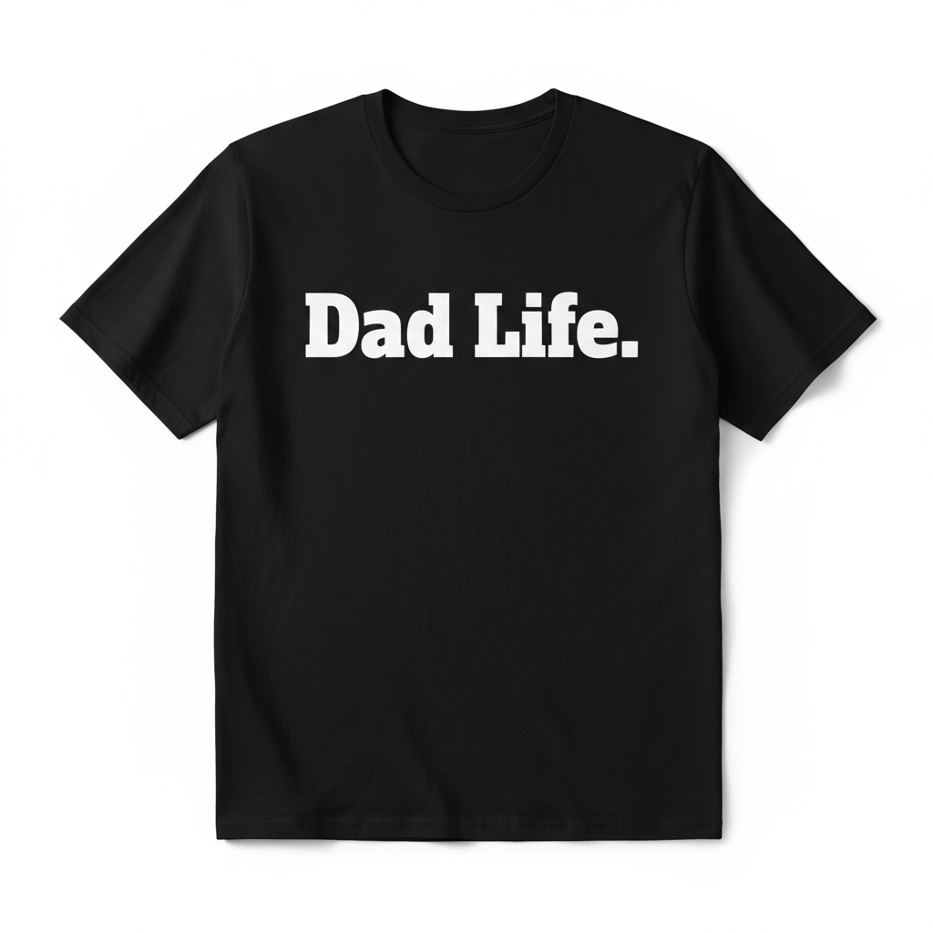 Black t-shirt with bold white vinyl text Dad Life
