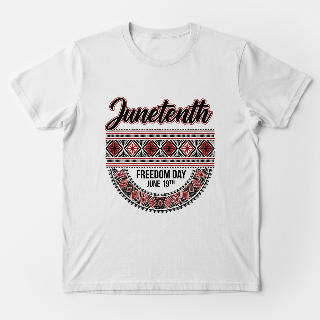 White t-shirt with elegant DTF print Juneteenth Freedom Day African-inspired border design