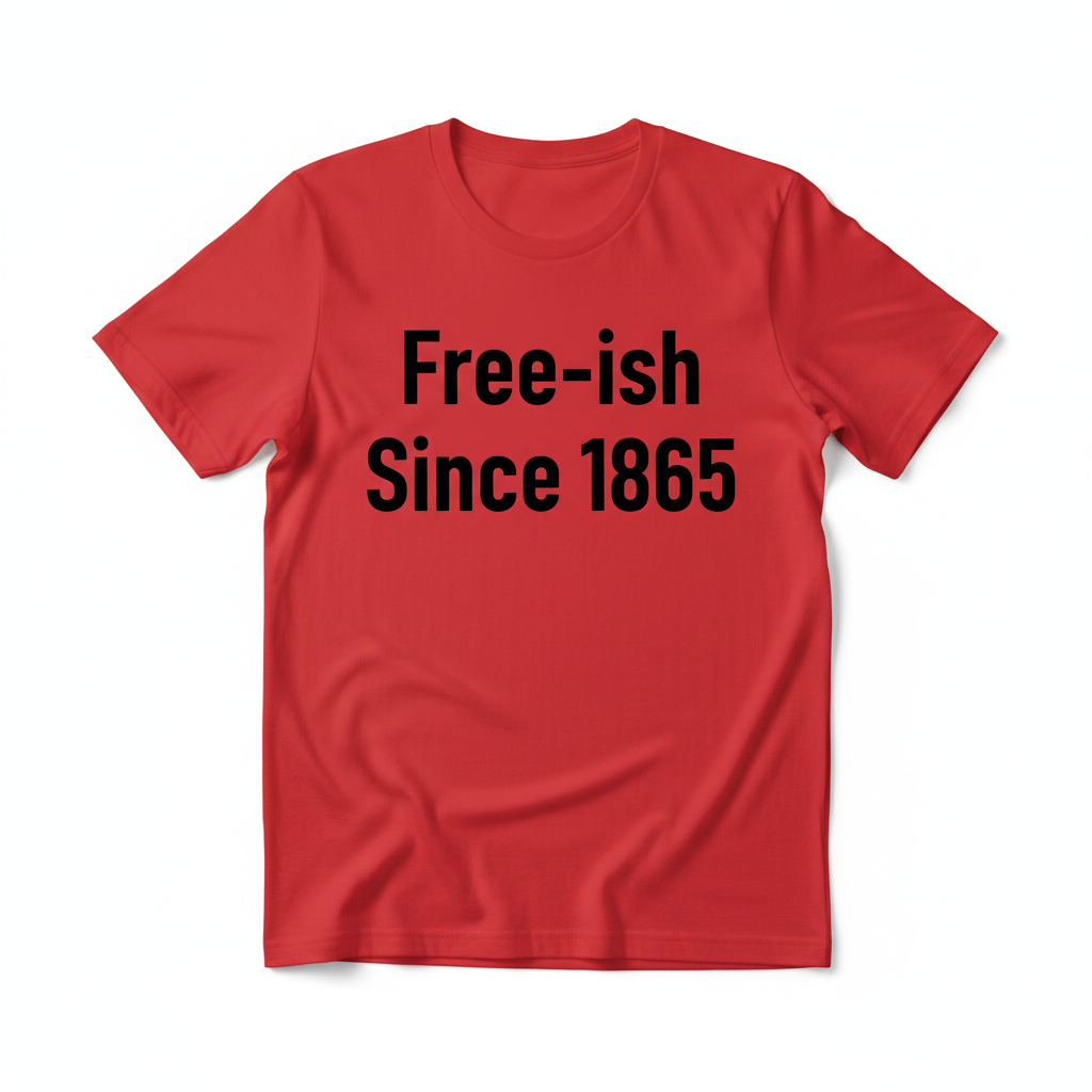 Red t-shirt with bold black vinyl text Free-ish Since 1865
