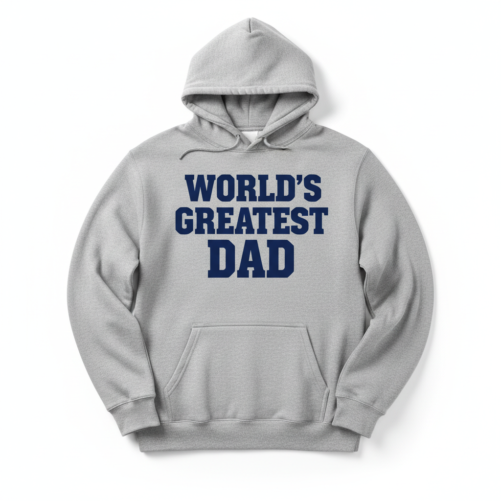 Gray hoodie with bold navy vinyl text World's Greatest Dad