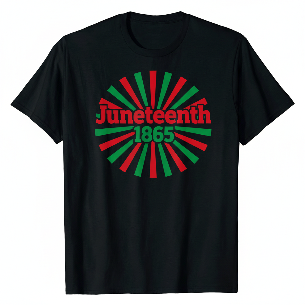 Black t-shirt with red green and black vinyl Juneteenth 1865 sunburst design