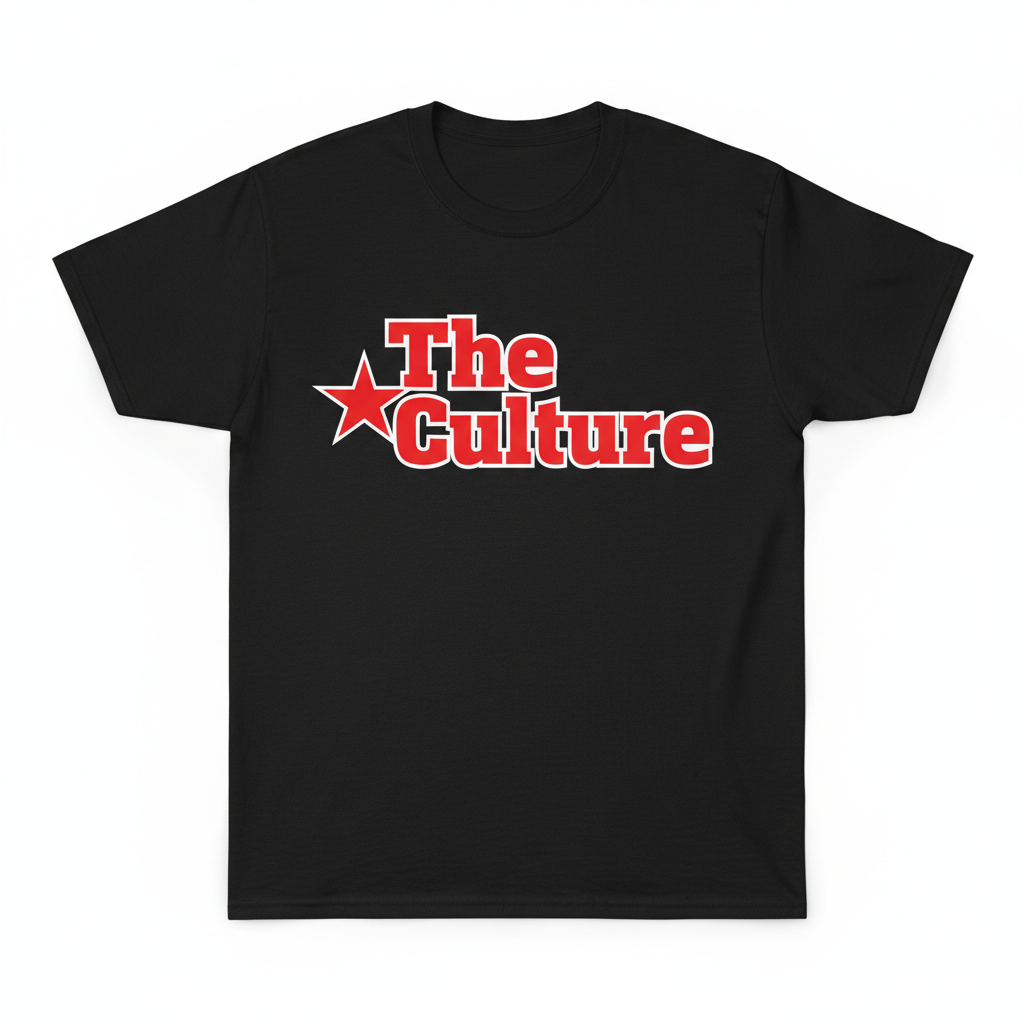 Black t-shirt with bold red and white vinyl text The Culture with star graphic