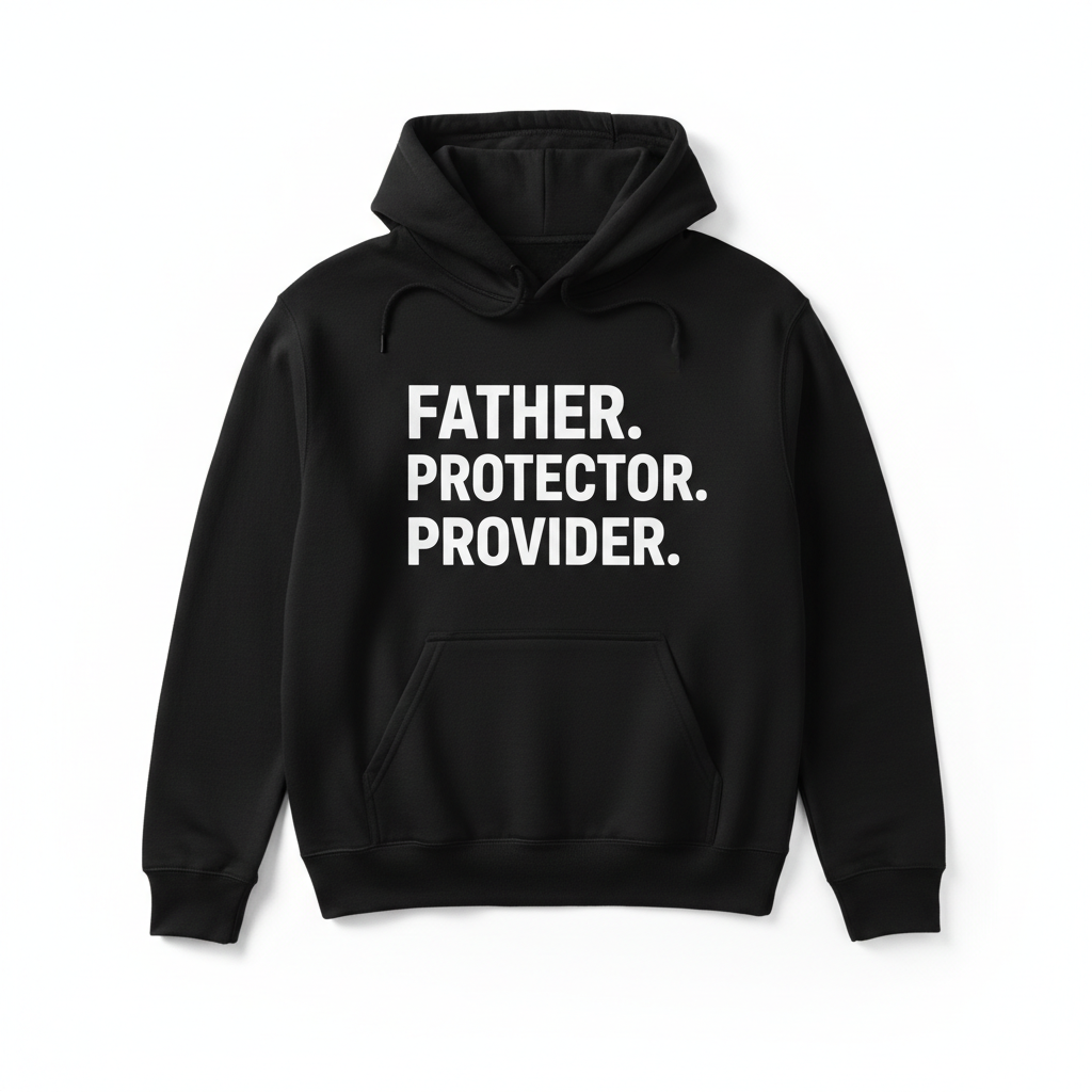 Black hoodie with bold white vinyl stacked text Father Protector Provider