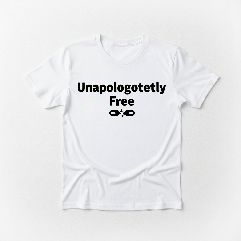 White t-shirt with bold black vinyl text Unapologetically Free with broken chain graphic