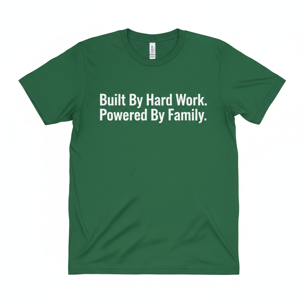 Forest green t-shirt with bold white vinyl text Built By Hard Work Powered By Family